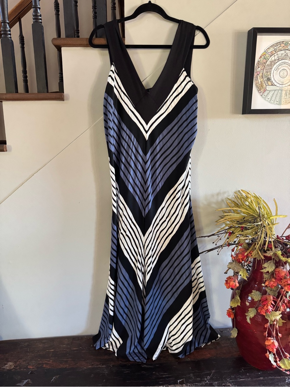 Gorgeous Sleeveless V-Neck Chevron Stripe Maxi Dress - Black, Blue & White